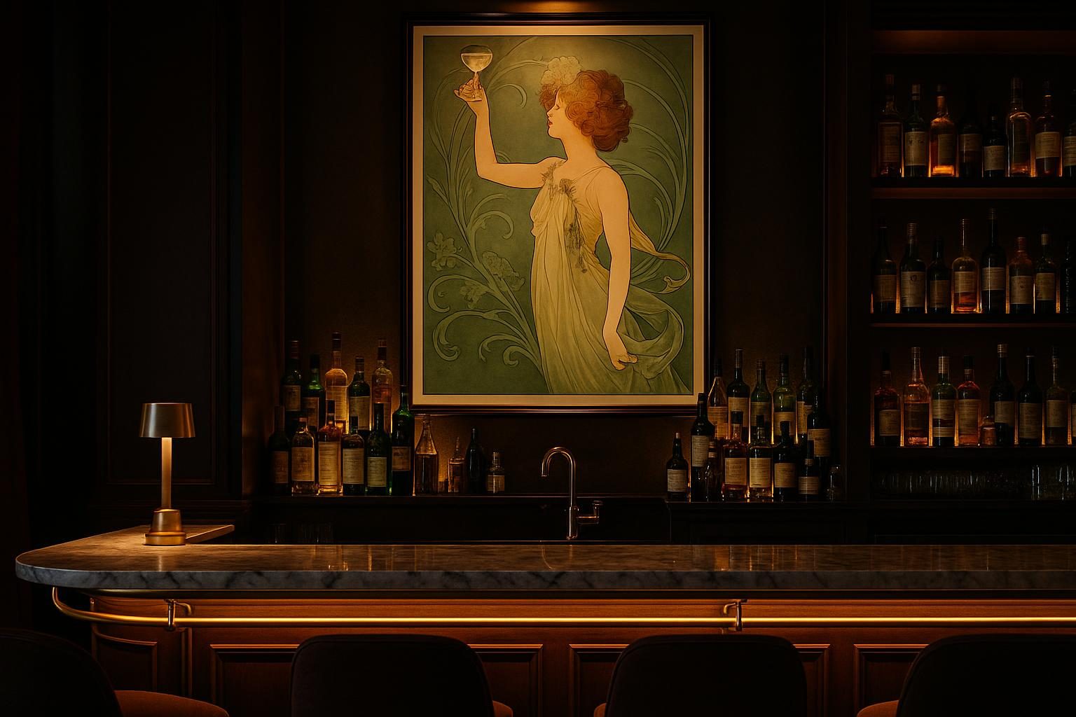 A framed Belle Epoque absinthe poster behind a marble hotel bar with brass fixtures and backlit bottles.