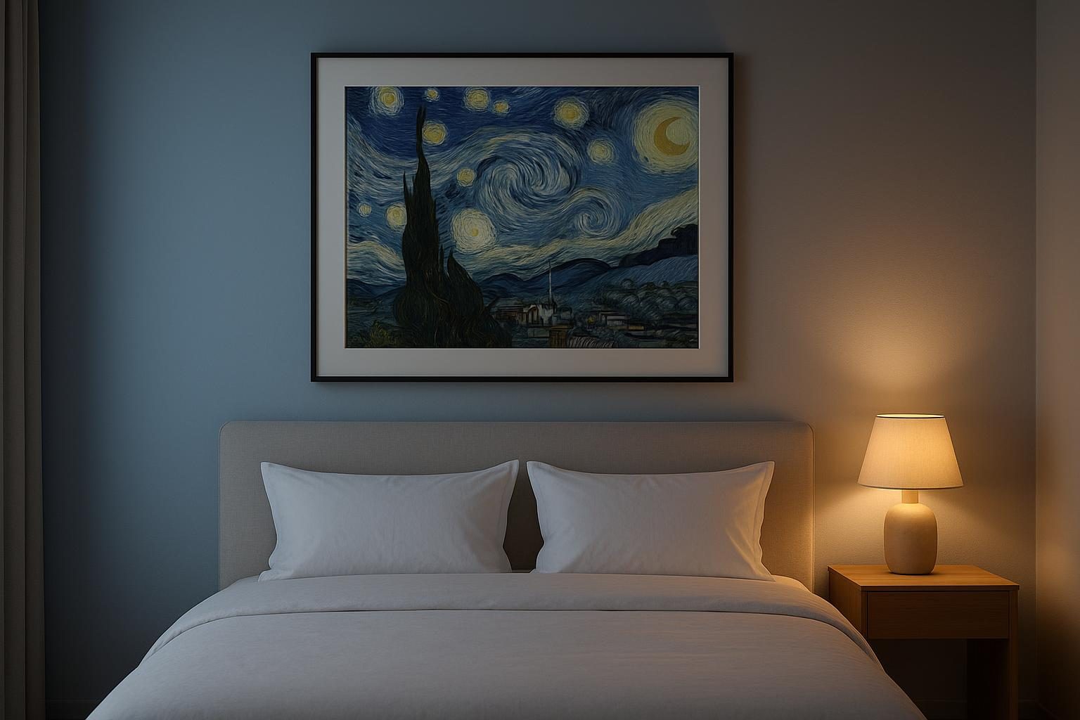Van Gogh's The Starry Night framed above an upholstered headboard in a calm, minimalist bedroom at dusk.