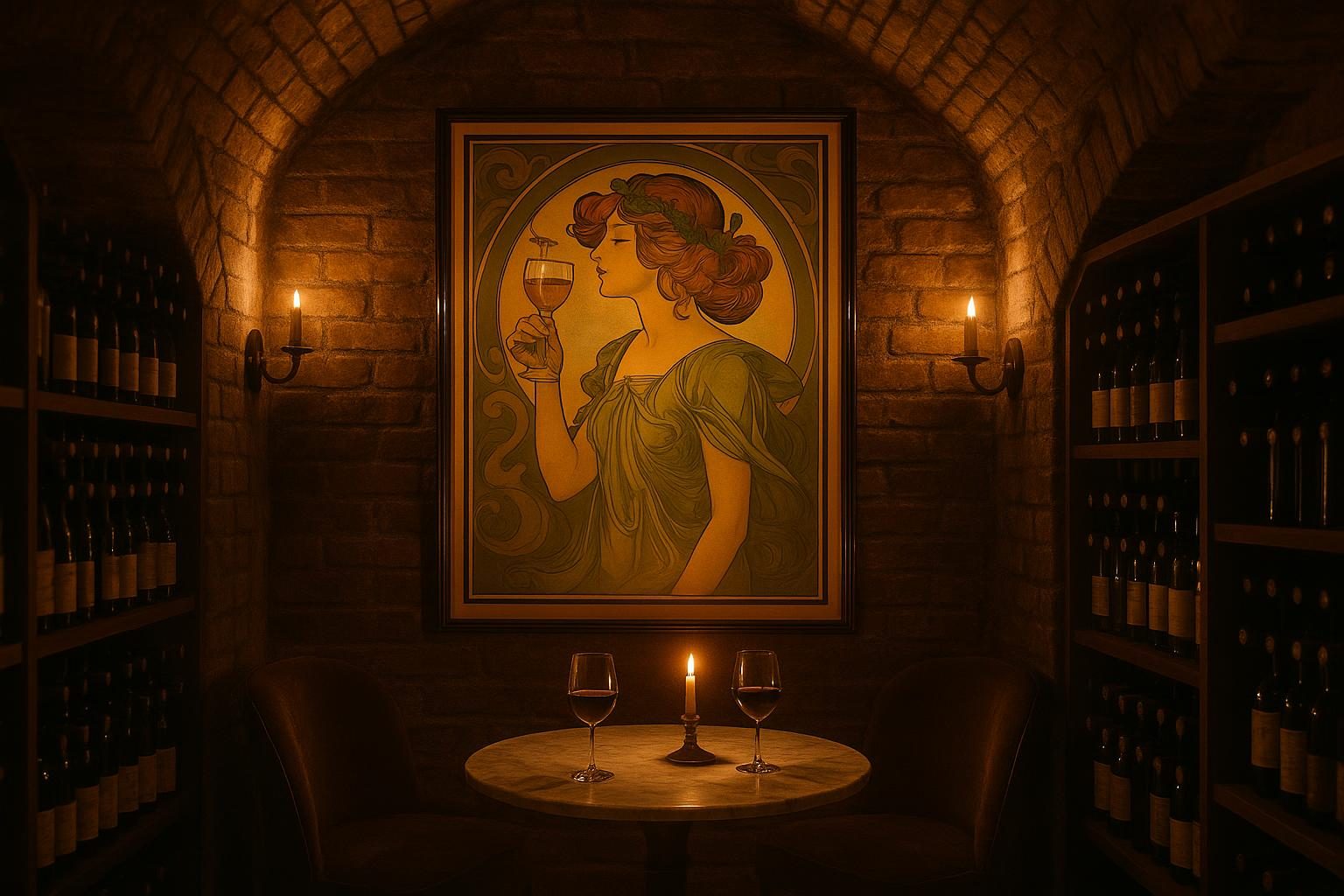 A vintage Belle Epoque drinks poster framed in a refined brick wine cellar and tasting room.