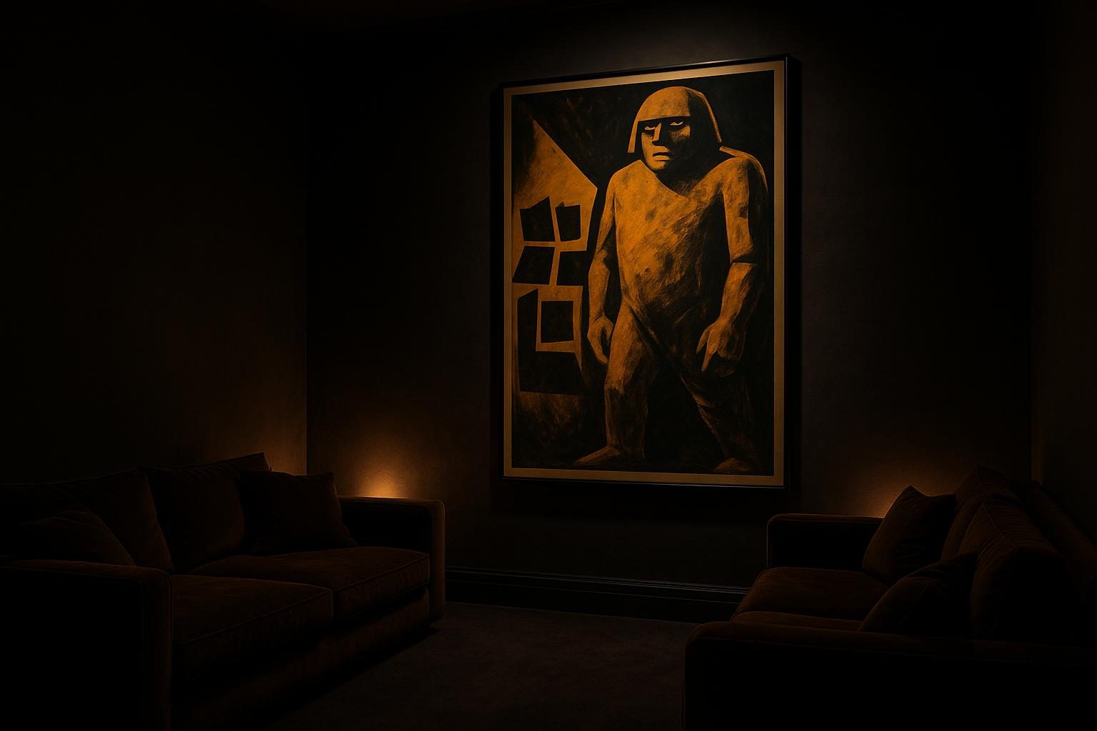 A German Expressionist Der Golem film poster framed in a moody, plush home cinema lounge.
