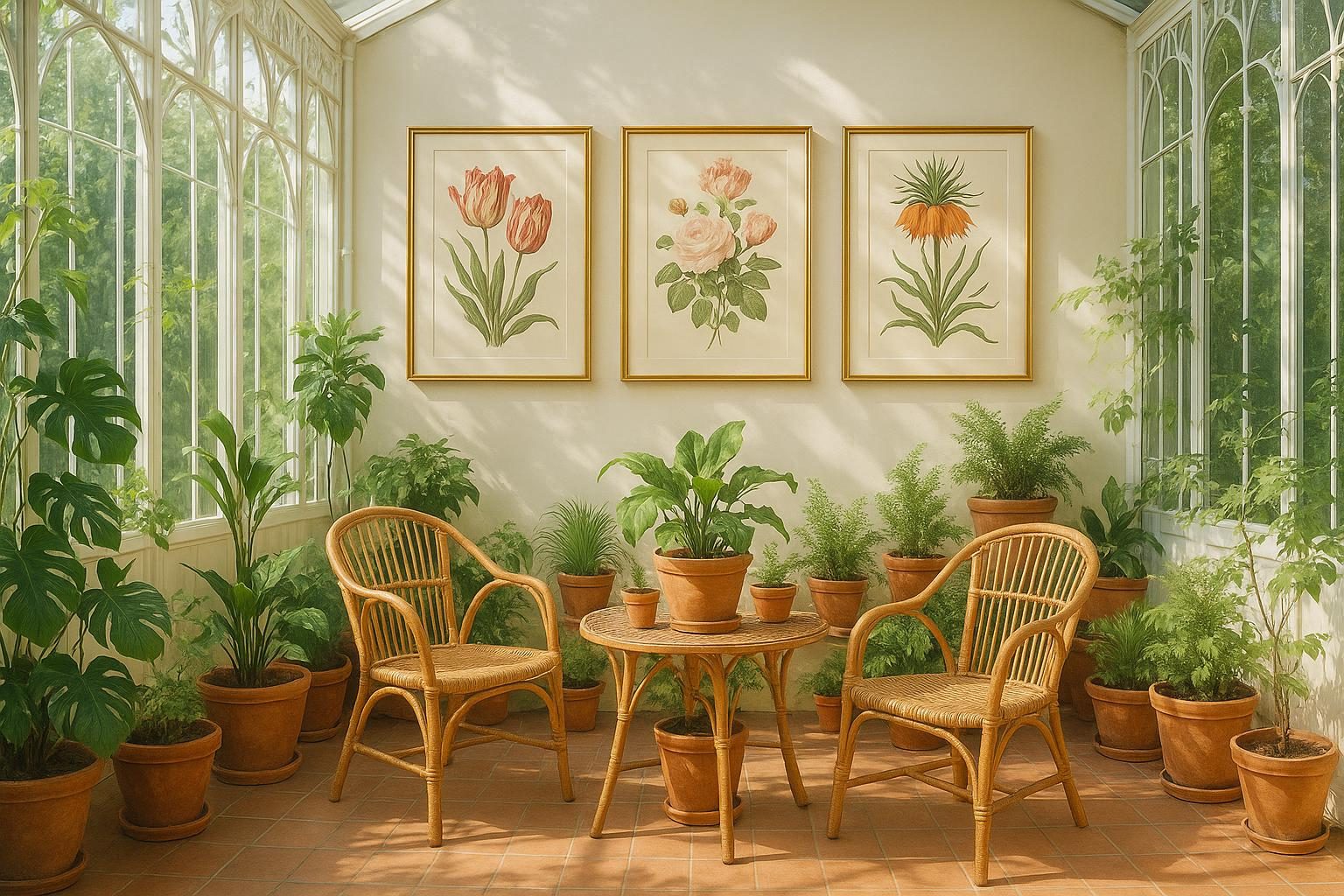 Three botanical flower prints as a triptych in a bright, plant-filled garden conservatory.