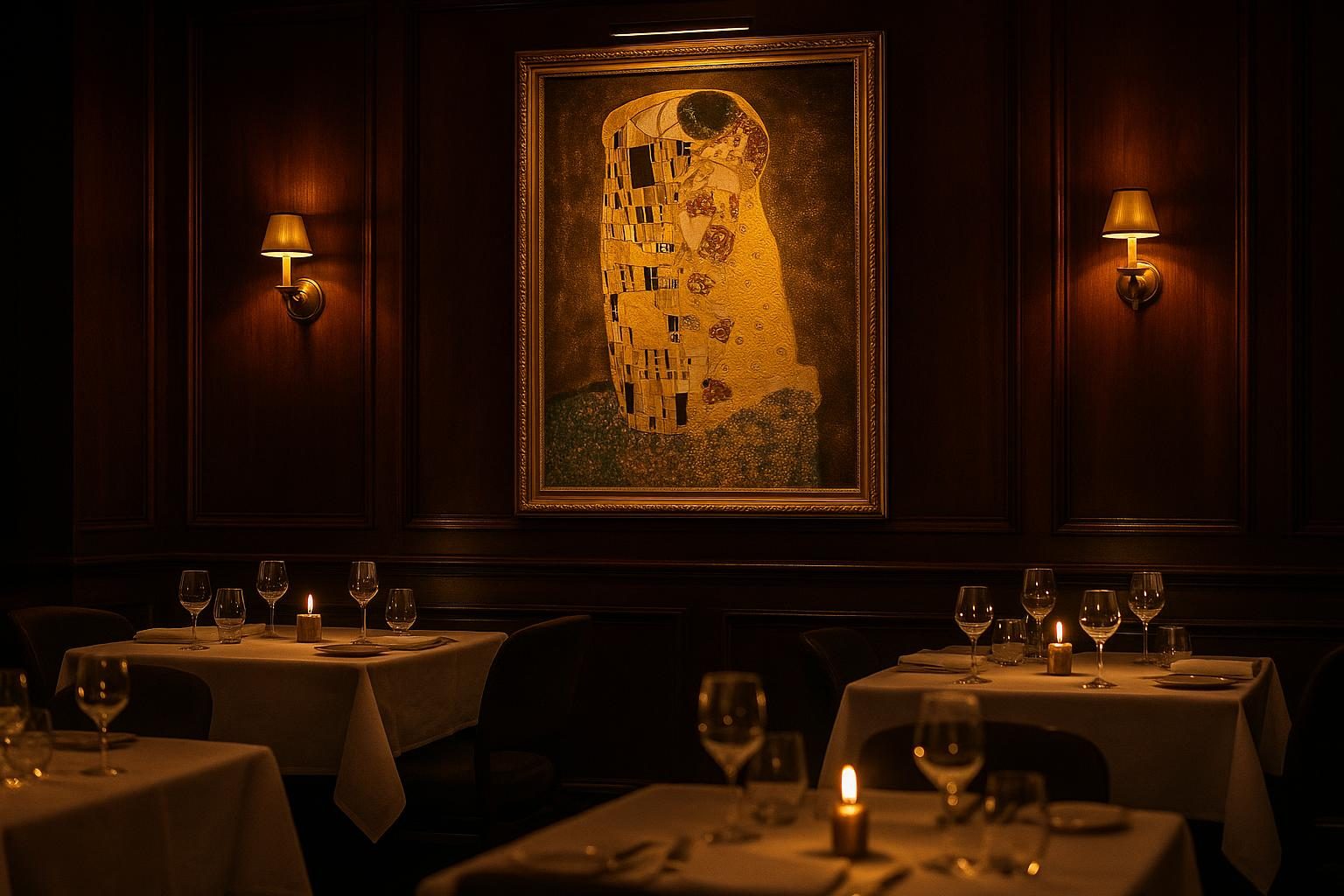 Klimt's The Kiss framed and spotlit on dark panelling above candlelit tables in a fine-dining room.