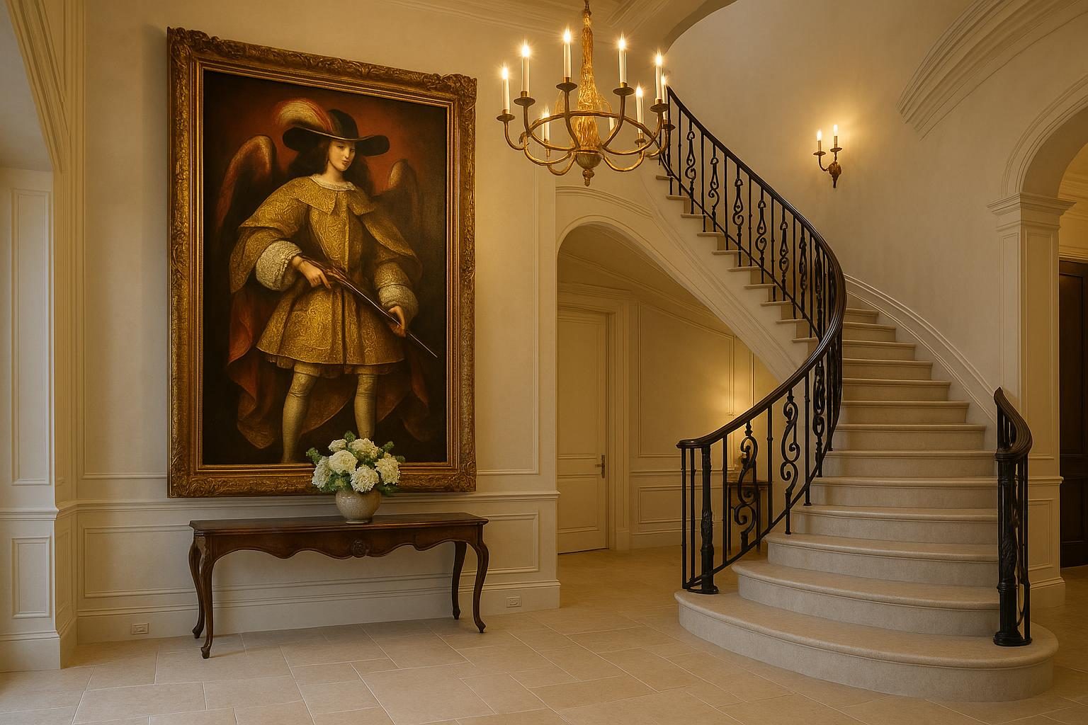 A large framed Cusco School archangel painting on the feature wall of a grand staircase entryway.
