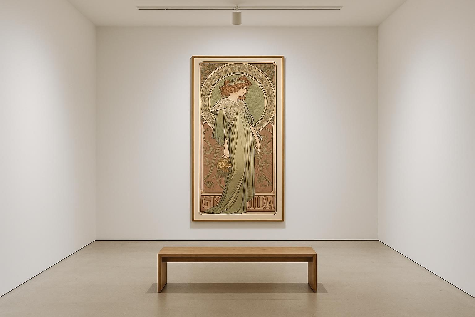 A tall Art Nouveau Mucha poster framed on a white gallery wall under track lighting, a bench in front.