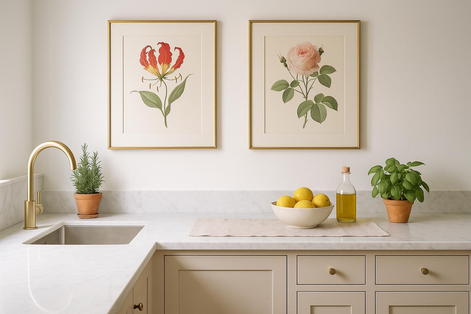 Two botanical flower prints in slim gold frames above a white marble kitchen counter in morning light.