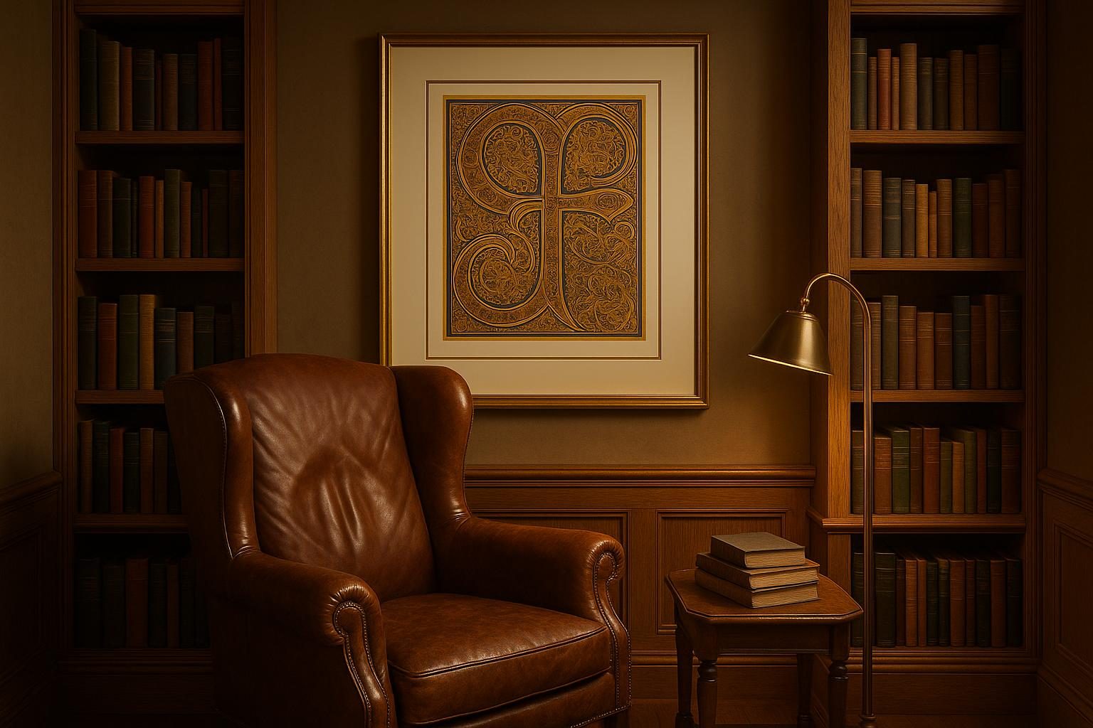 An illuminated Book of Kells manuscript page framed in a warm private library reading nook.