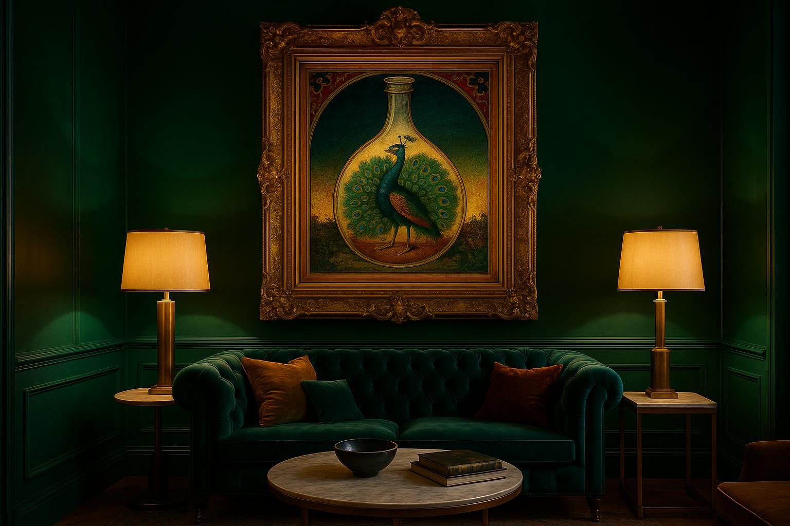 An iridescent alchemical peacock plate framed in an emerald, jewel-toned collector's sitting room.
