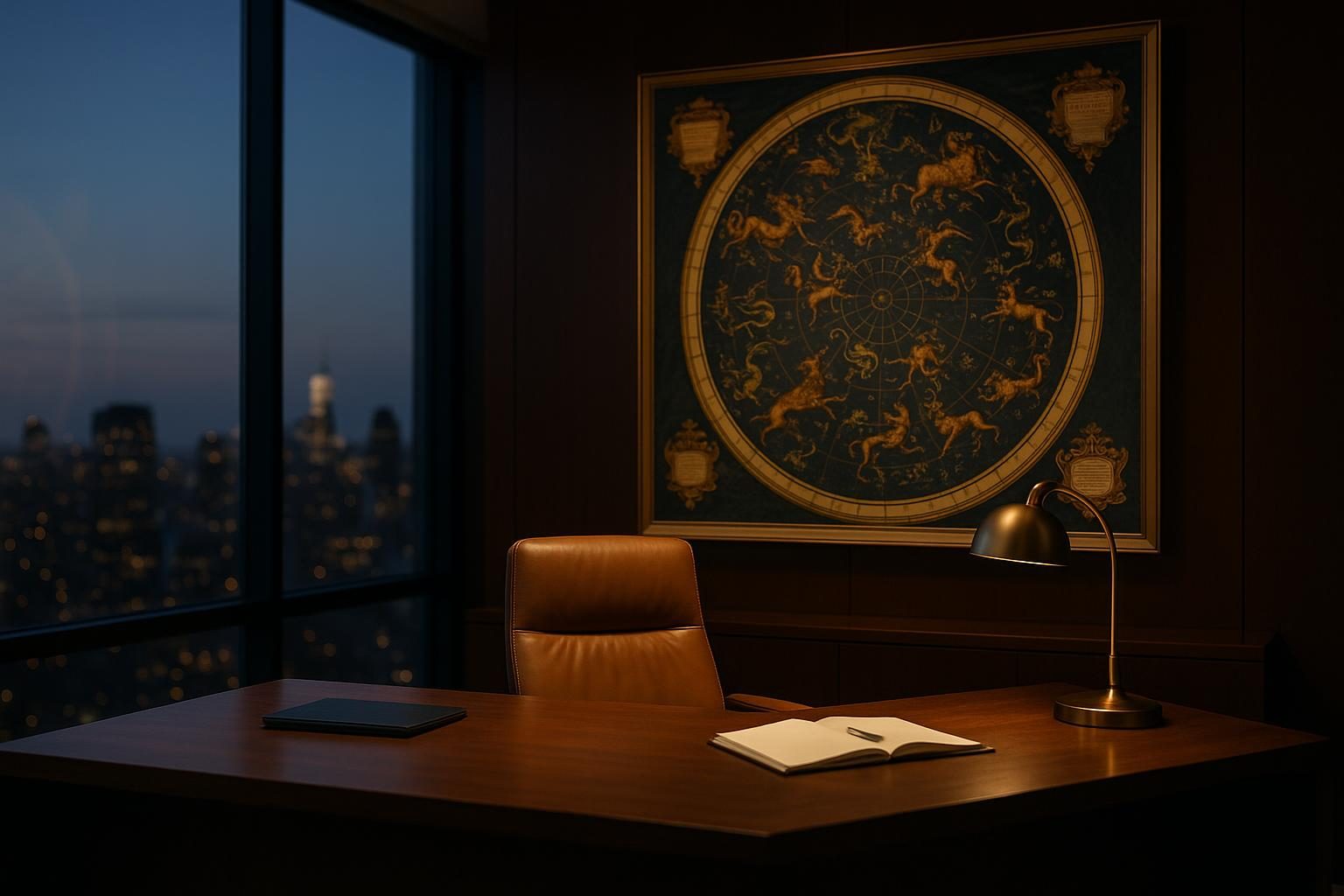 An antique celestial chart framed on a dark walnut wall behind an executive desk at dusk.