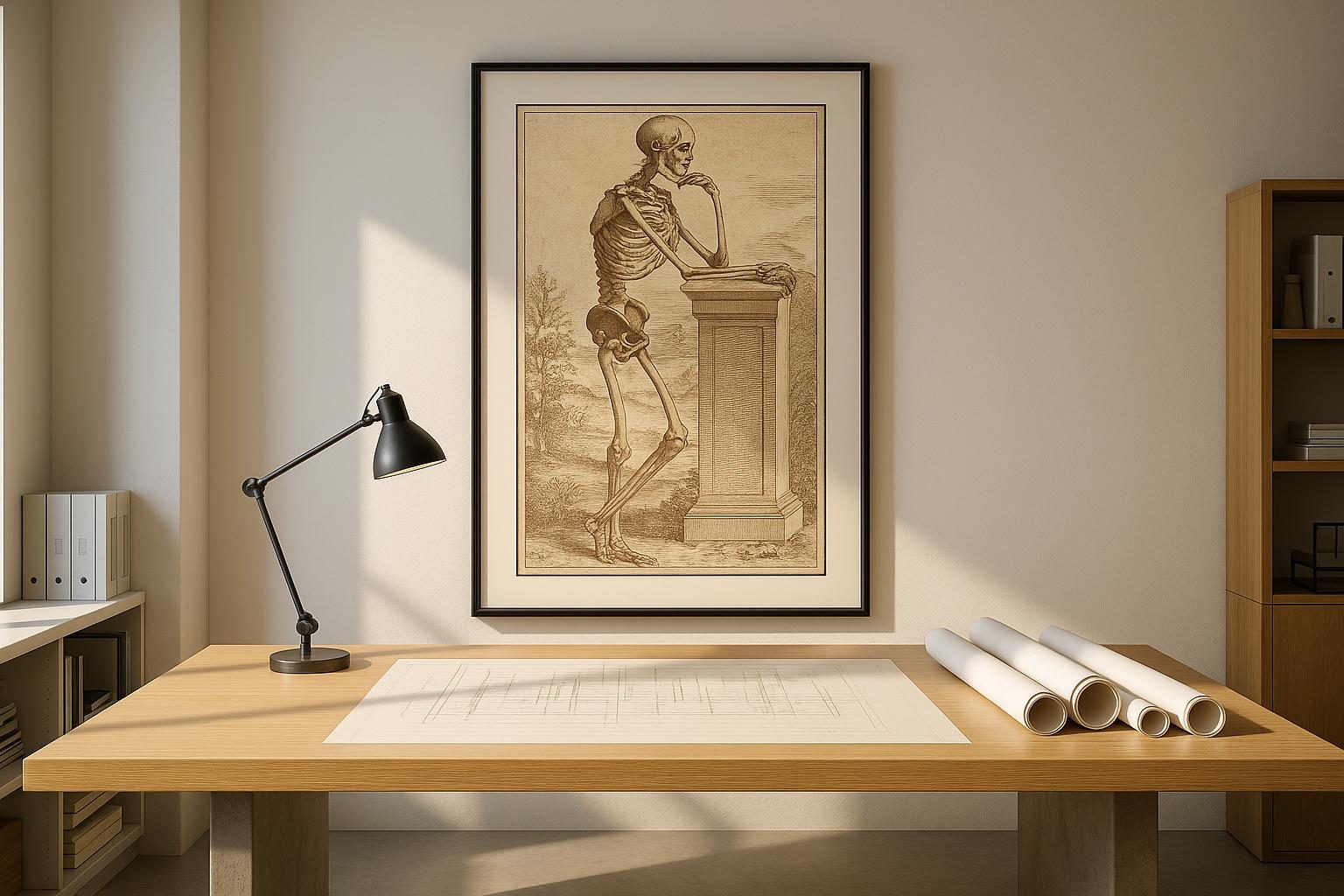 A Renaissance anatomical skeleton engraving framed on the white wall of a bright design studio.