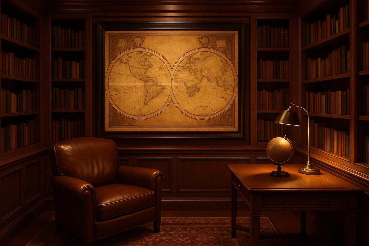 A large framed antique world map on a wall of walnut bookshelves in a warm home study.