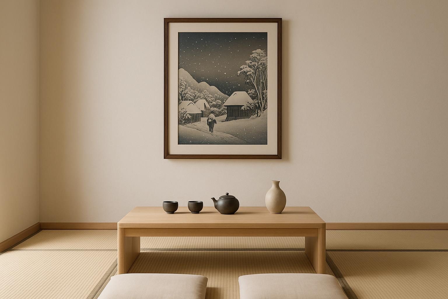 A Hiroshige night-snow woodblock print framed in a serene, minimalist tea room.
